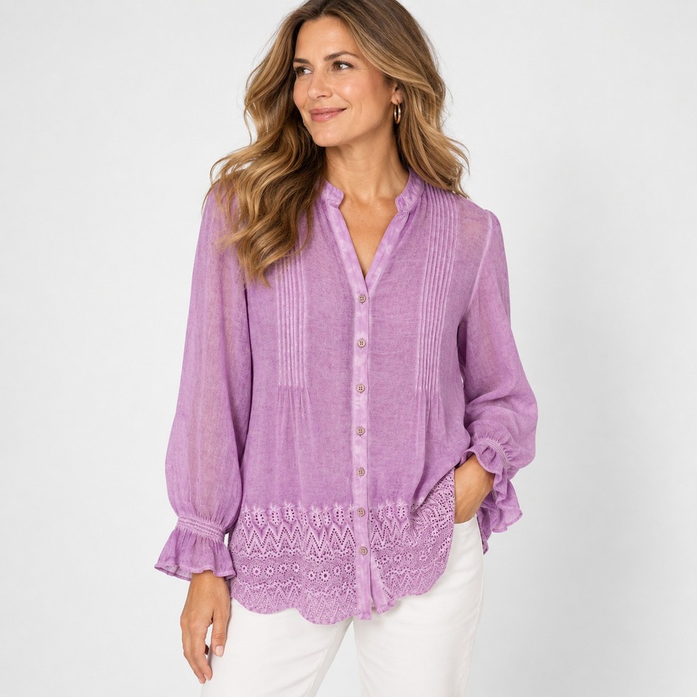 Soft Surroundings Lavender Blouse Pintuck Eyelet Lace Hem Button Front Boho M